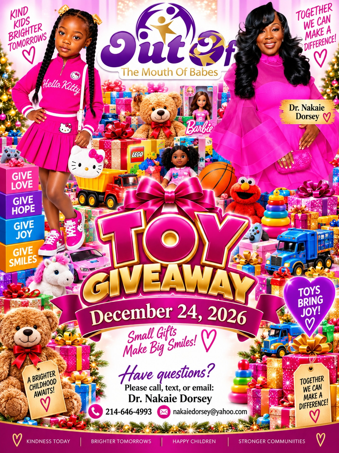 Out of the Mouth of Babes Toy Giveaway flyer — December 24, 2026, hosted by Dr. Nakaie Dorsey.