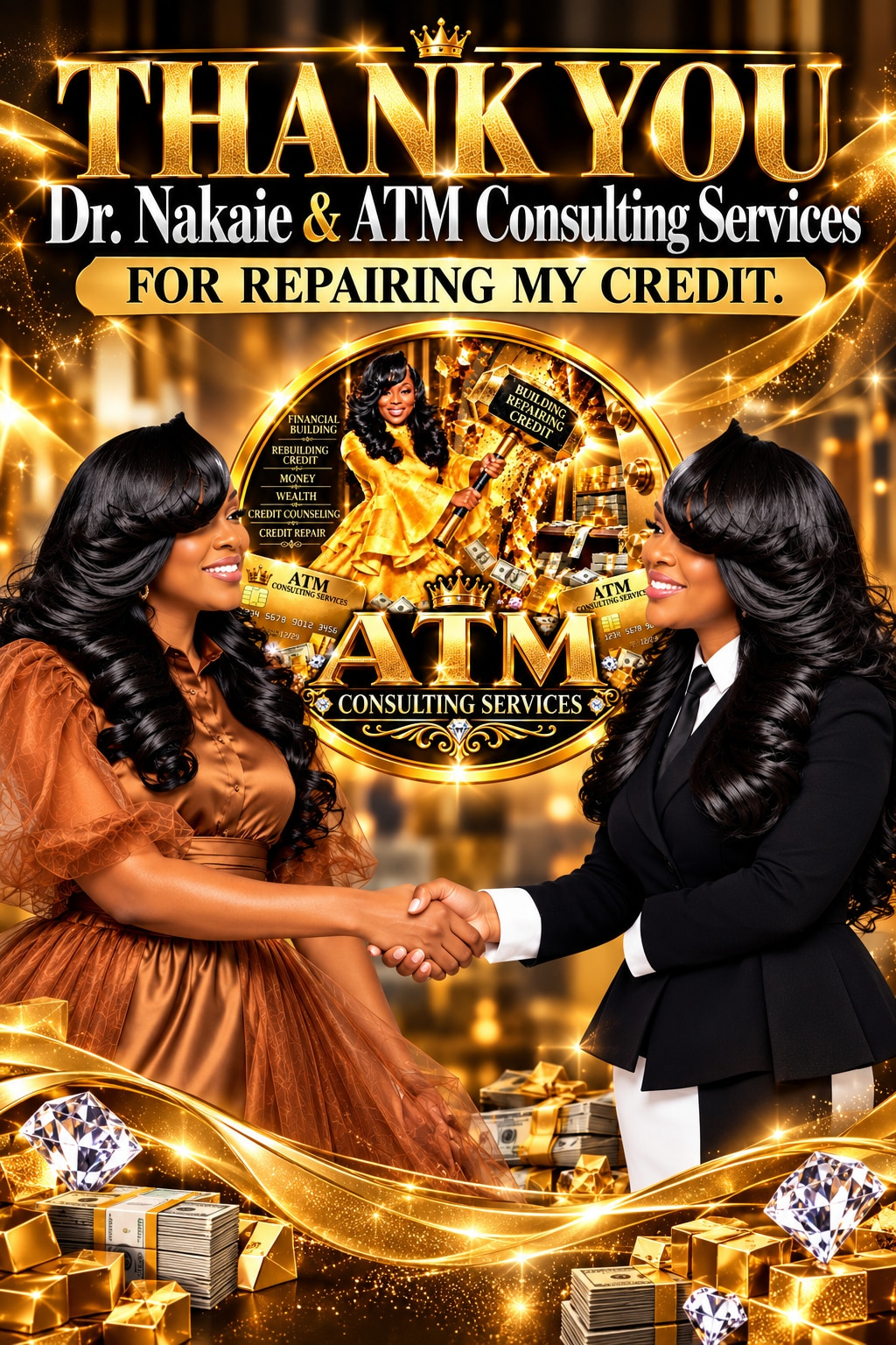 A thank-you graphic from a client of ATM Consulting Services reading: Thank you, Dr. Nakaie and ATM Consulting Services, for repairing my credit.